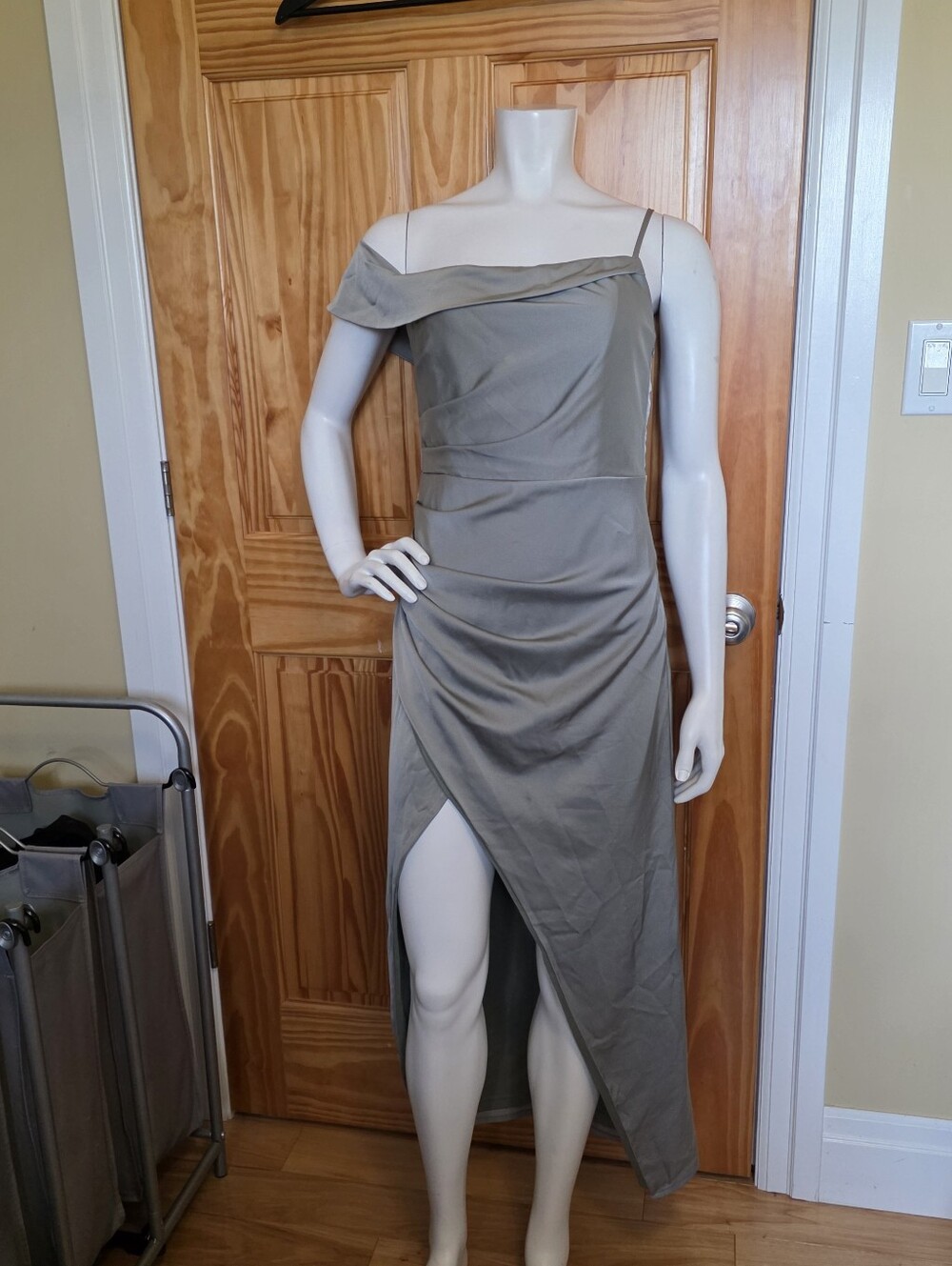 Lulus Size M Showing Off a Little Sage Green Asymmetrical Tulip Midi Dress